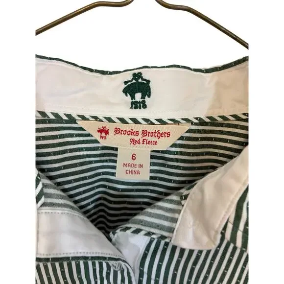 Brooks Brothers Red Fleece Button Down Shirt Women's 6 Green White Stripe Oxford - Picture 2 of 4